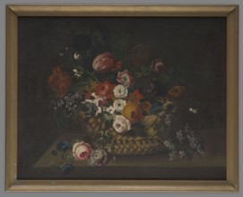 Flowers in a Wicker Basket, unknown painter, 1st half of the 19th century, painting, height 68 cm,