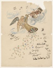 Name day card for Maria Mickiewiczówna, with a drawing of an angel pouring flowers from a