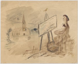 Letter to Maria Mickiewiczówna with a drawing: self-portrait of the artist at an easel outdoors