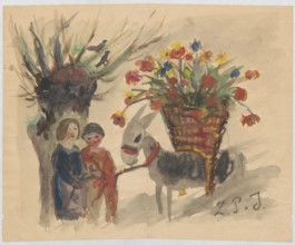 Name day card for Maria Mickiewiczówna with a drawing of two children leading a donkey with a large