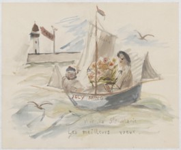 Name day card for Maria Mickiewiczówna with a drawing of the artist's self-portrait in a boat, with