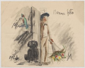 Name day card for Maria Mickiewiczówna with a drawing of the artist's self-portrait standing in the