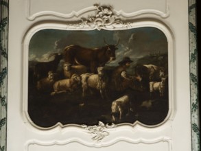 Shepherd's Scene with a Shepherd Milking a Goat. The overall tones are browns and dark blues. The