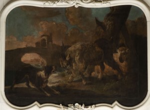 A dog scene with a dog barking at a goat; general tone of light browns and shades of pink with