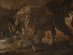 A dog scene with a dog barking at a goat, Roos, Philipp Peter 1657–1706 painter. The general tone