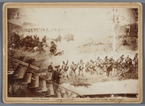 Painting the Raclawice Panorama: Teodor Axentowicz standing on scaffolding by a section of the