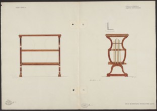 Mahogany table-etagère from the furnishings of the Belweder Palace, front and side views scale 1:5.