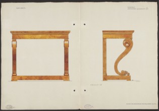 Ash wood console from the furnishings of the Belweder Palace, front and side views in a scale of
