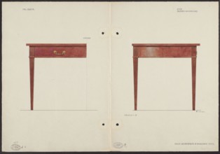 Mahogany table from the furnishings of the Belweder Palace, front, half and side views at scale