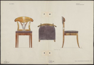 A birch wood chair from the furnishings of the Belweder Palace in 1915 — front, top and side views