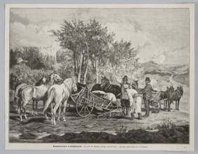 Kulturtreger in trouble — after a watercolor by Juliusz Kossak; creators: Juliusz Kossak 1824–1899,