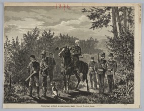 Placing hunters in positions in the forest; painting; engraving reproduction; Wojciech Kossak