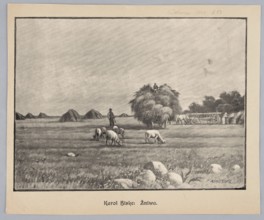 Reproduction of a painting: Karol Biske 1863–1928, Harvest; painting, Polish painting, sheep,