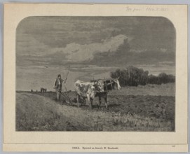 Ploughing; painting/woodcut illustration depicting oxen ploughing a cultivated field with harrows