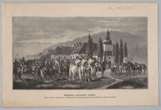 Reproduction of a painting: Brodowski, Józef 1828-1900, Change of cavalry quarters; woodcut by