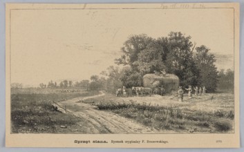 Hay equipment; illustration of haymaking in summer: rural landscape with meadows, villages, field