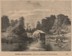 Mill settlement; woodcut illustration after Feliks Brzozowski, woodcut artist Julia Krajewska;