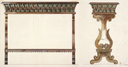 Mahogany jardiniere, Warsaw product by Jan Jakub Simmler — side and front views in a scale of 1:5;
