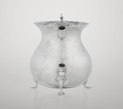 Pear-shaped teapot supported on three legs, smooth, with a flared upper edge topped with a