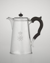 Conical coffee pot with hinged lid, slightly arched and flattened at the top, topped with a wooden