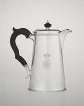 Conical coffee pot with hinged lid, slightly arched and flattened at the top, topped with a wooden