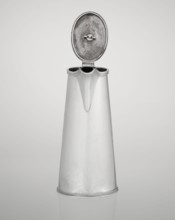 Conical coffee pot with hinged lid, slightly arched and flattened at the top, topped with a wooden