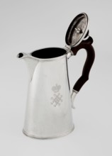 Conical coffee pot with hinged lid, slightly arched and flattened at the top, topped with a wooden