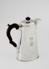 Conical coffee pot with hinged lid, slightly arched and flattened at the top, topped with a wooden
