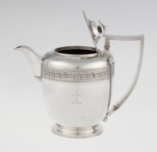 Teapot by John Emes fl. 1796–1808, goldsmith. Ovoid teapot on a circular base with lid, decorated
