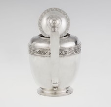 Teapot, maker: John Emes fl. 1796–1808. Ovoid silver teapot on a circular base with lid;