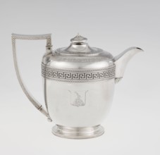 Teapot by John Emes fl. 1796–1808, English silver, c. 1806–1807. Ovoid teapot on a circular base