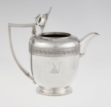 Teapot by John Emes fl. 1796–1808, goldsmith. Ovoid teapot on a circular base with lid; upper part