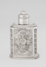 Tea caddy by Nash, Bowles fl. 1720–ca.1725 goldsmith; rococo style; made for loose-leaf tea. Cuboid