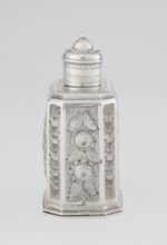 Tea caddy by Nash, Bowles fl. 1720–ca.1725, goldsmith; rococo style. Cuboid tea caddy with a