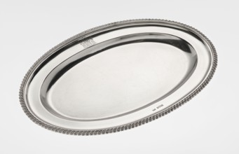 Oval platter, goldsmith/silversmith/dealer maker, purchase, scrap - purchase; features coats of