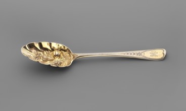 Jam spoon with an ovoid, serrated scoop decorated with a bunch of repoussé fruit; widening handle