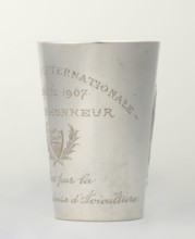 Art Nouveau conical mug with relief ornament of lily-of-the-valley flowers and engraved inscription