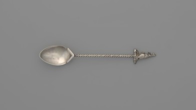 Souvenir spoon, subject: Paderewski, Ignacy Jan 1860–1941. Egg-shaped scoop with a pointed tip;