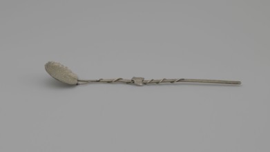 Decorative spoon, decorative spoon with a flat round scoop with irregular edges decorated on both