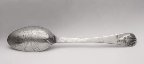Table spoon with shooting brotherhood emblem, maker: Hermann, Christoph fl. ca. 1740–1778