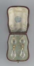 Pair of earrings in a leather case. Maker: Sazikov goldsmith's firm, Moscow and St. Petersburg;