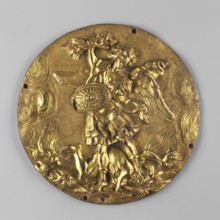 Circular plaque depicting the Archangel Michael with a gilded obverse. The Archangel in half-armor,