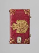 Chamberlain's key case, Rectangular key case with a hinged cover and two clasp hooks. Trimmed with