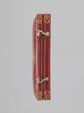 Rectangular key case with a hinged cover and two clasp hooks. Trimmed with red leather, with gilded