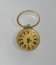 Pocket watch by Jacques Marcet fl. ca. 1725–ca. 1750. Gilded silver, almost spherical, double case;