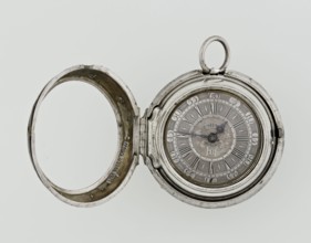 Pocket watch by John Bushman 1692–1720. Silver pocket watch in three cases: outer case covered with