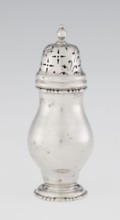 Powdered sugar bowl, pear-shaped on a circular profiled foot, with a domed openwork cover topped