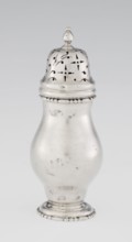 Powdered sugar bowl, powdered sugar bowl with domed openwork cover topped with a bowl; pear-shaped