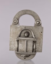 Rectangular padlock with a bow, 19th century, Polesie; locksmithing; height 18.3 cm, width 11.7 cm,