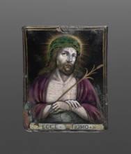 Plaque with a depiction of Christ - Ecce Homo, painted enamel, Ecce homo iconographic. Rectangular,